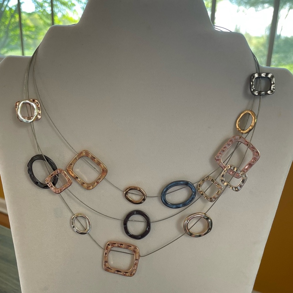 Multi-tone Metal Geometric Shape Three Strand Necklace